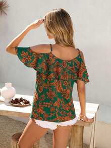 Brillora Áo hai dây nữ cổ bèo in hoa, thích hợp cho kỳ nghỉ. - màu xanh lá - Xem 6