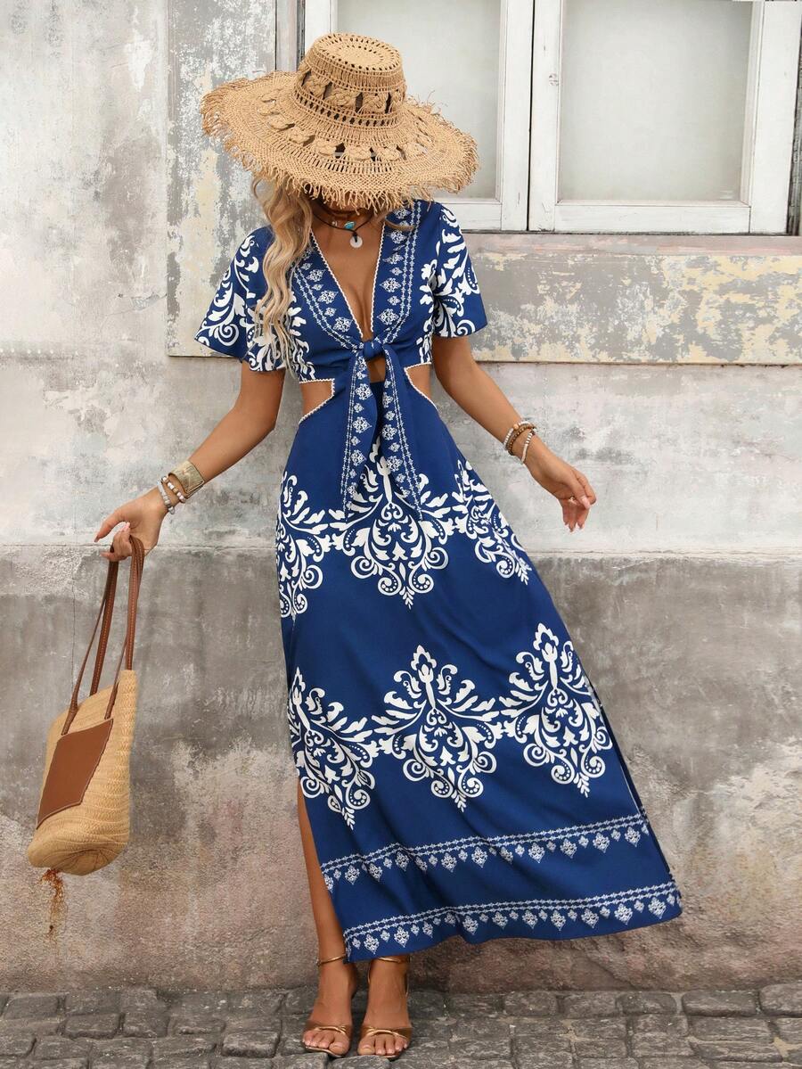 Brillora Đầm ren họa tiết xanh dương khoét eo, kiểu dáng mùa hè, thích hợp cho kỳ nghỉ. - Màu xanh hải quân - Xem 1