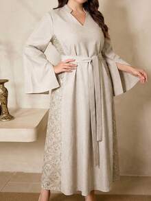 Al Najma Plus Size Women V-Neck Twist Waist Party & Casual Dress - Apricot - View 1