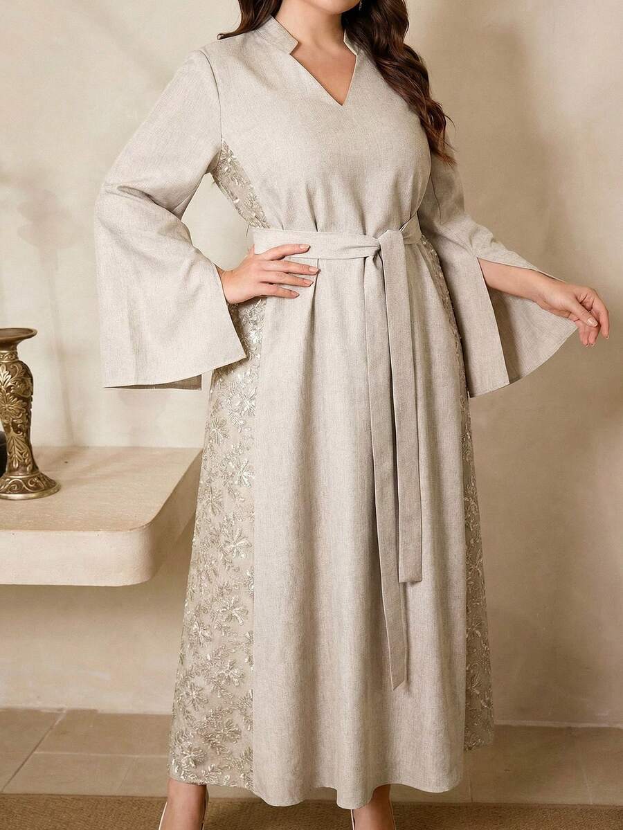 Al Najma Plus Size Women V-Neck Twist Waist Party & Casual Dress - Apricot - View 1