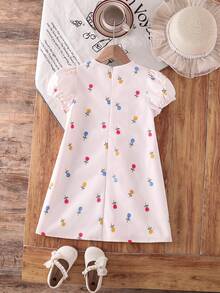 SHEIN Young Girl Woven Colorblock Round Neck Floral Puff Sleeve Dress - Multicolor - View 7
