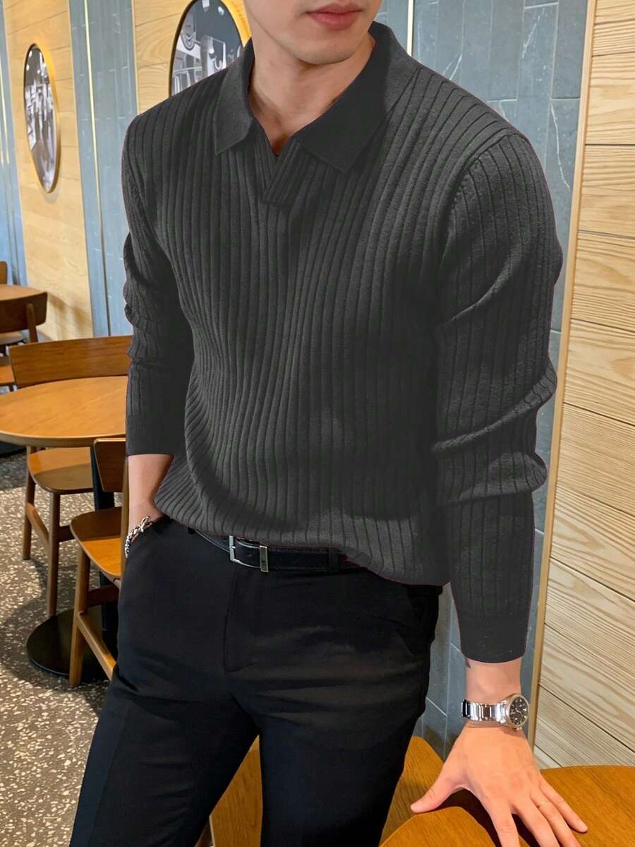 Manfinity Homme Camisa polo de manga larga casual de unicolor para hombres, camisa polo de punto de manga larga para hombres, camisa polo de punto acanalado, camisa polo de unicolor para hombres, de manga corta, casual y de moda, adecuada para otoño, camisas polo para hombres, polos para hombres, ropa para hombres, camisas polo para hombres, camisa polo de alta gama con textura geométrica de jacquard de color block de manga corta, camisa de golf, camisa polo, otoño - Gris - Ver 1