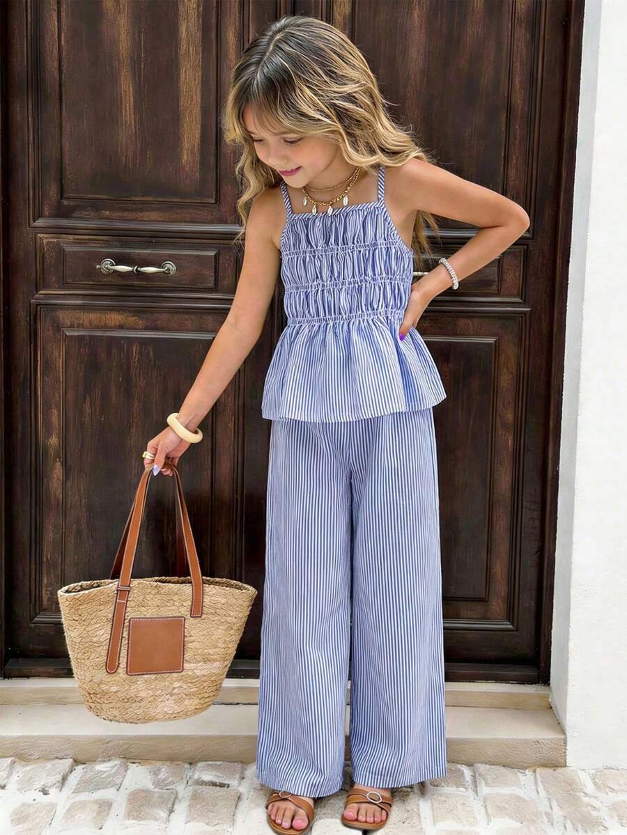 女童条纹蝴蝶结吊带背心和直筒裤夏季度假装 - 藍色 - 查看 1