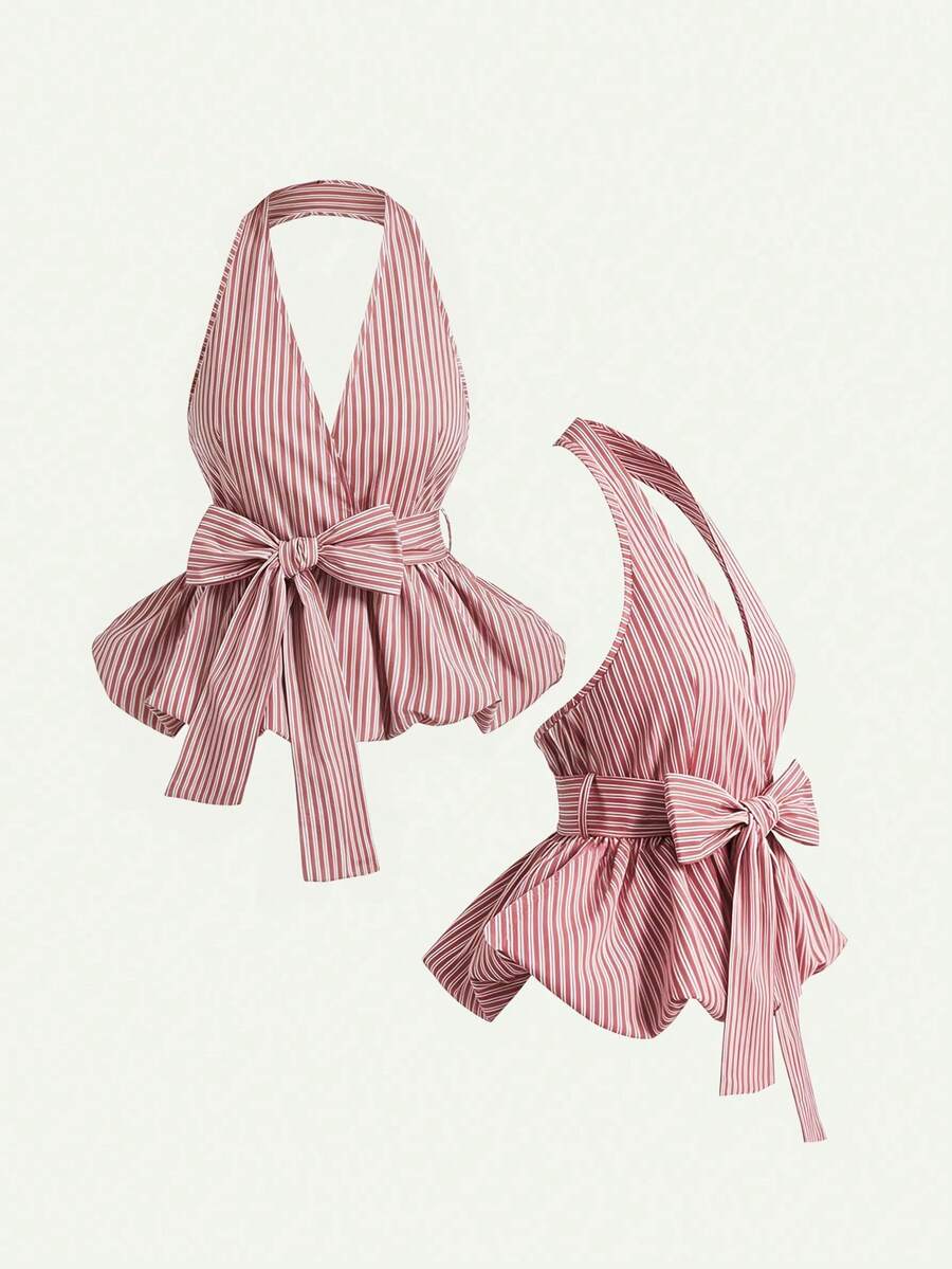 2026 New Arrival Women's Wrap-Style Halter Top With Bow Tie Detail, Classic Striped Pattern - Versatile For Casual Daily, Office Commute, Relaxed Vacation Wear Pink Wrap Tops For Women Picnic Outfits For Women Summer Outfits For Women Halter Capri Brunch Outfits For Women 2 Piece Halter Tops For Women - Multicolor - View 1