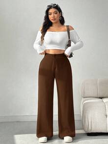 SHEIN EZwear 大码棕色休闲高腰直筒裤 - 棕色 - 查看 9