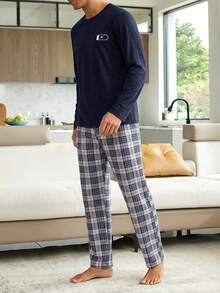 Cottnline Men Letter Printed Long Sleeve Regular T-Shirt And Pants Loungewear Set - Navy Blue - View 1
