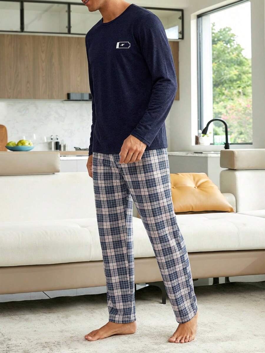 Cottnline Men Letter Printed Long Sleeve Regular T-Shirt And Pants Loungewear Set - Navy Blue - View 1