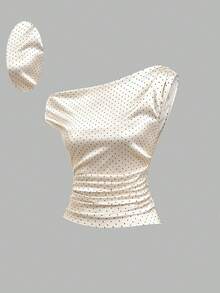 Sweetra 女士夏季休闲优雅时尚度假日常百搭不对称肩无袖波点缎面数码印花腰部衬衫 - 彩色 - 查看 1