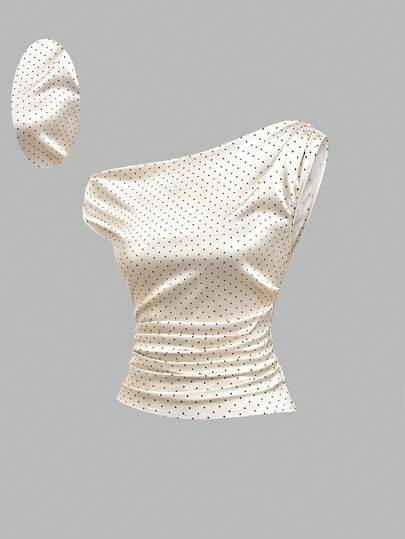 Sweetra Áo thun nữ mùa hè thanh lịch, thời trang đi nghỉ mát, đa năng, không tay, vai bất đối xứng, họa tiết chấm bi, chất liệu satin, in kỹ thuật số, dáng ôm eo.