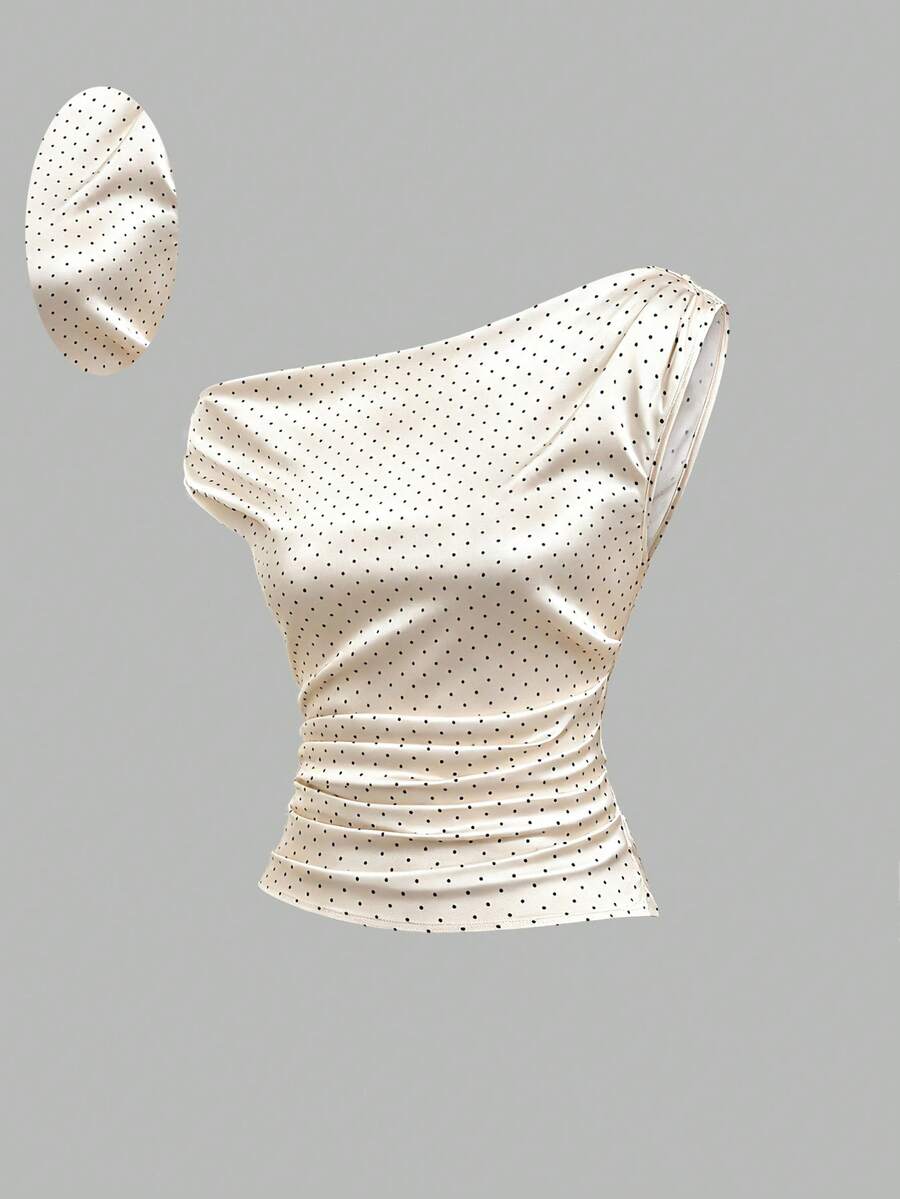 Sweetra 女士夏季休闲优雅时尚度假日常百搭不对称肩无袖波点缎面数码印花腰部衬衫 - 彩色 - 查看 1