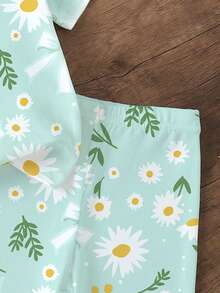 2 st/set babyflicka casual söt blommig & fjärilstryck kortärmad t-shirt och shorts set, lämplig för utomhussommar, ljusgrönt blommigt set - Multifärgad - Visa 4
