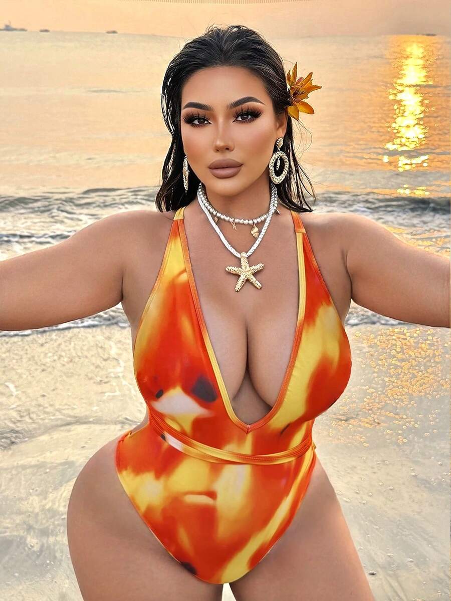 Swim SXY Áo tắm liền thân cỡ lớn in họa tiết tie-dye, hở lưng, cổ yếm - Nhiều màu - Xem 1