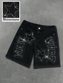 Manfinity EMRG Men's Hiphop Street Fashion Star Rhinestone Club Washed Black Wide Leg Denim Shorts - Black - View 6
