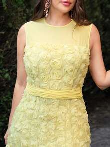 VOLUPTÉ CURVE 大码春夏连衣裙，优雅浪漫3D立体花卉雪纺浅黄色流苏圆领无袖系腰长裙，适合派对、生日、早午餐、约会等场合。 - 黃色 - 查看 7