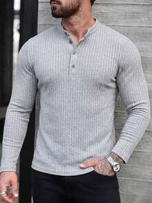 Áo polo dài tay nam chất lượng cao, màu trơn, kiểu dáng thường ngày, chất liệu gân sọc, cài cúc phía trước. - Màu Xám nhạt - Xem 3