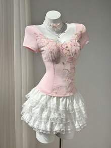 Elamini 黄色撞色荷叶边拼接心形领口收腰短袖女式连衣裙，春夏款，优雅浪漫复古可爱百搭，适合度假、外出、日常穿着。 - 粉色 - 查看 5