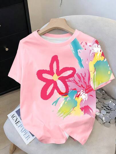 Resyla Colorful Y2K Dopamine Floral Print Plus Size Women Crew Neck Loose T-Shirt