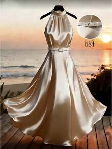 SHEIN Franclia Đầm nữ màu be dài ngang gối cổ yếm, đầm ngắn kiểu dáng tối giản với thắt lưng khóa kim loại, thích hợp cho kỳ nghỉ. - Màu be - Xem 7