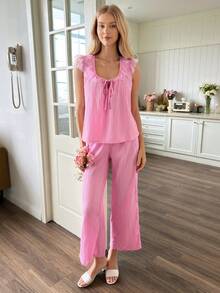 Snug Reverie Summer Lace Patchwork Pocket Pants Paired With Tie Neck Camisole Top, 2 Pieces Pajama Set - Pink - View 7