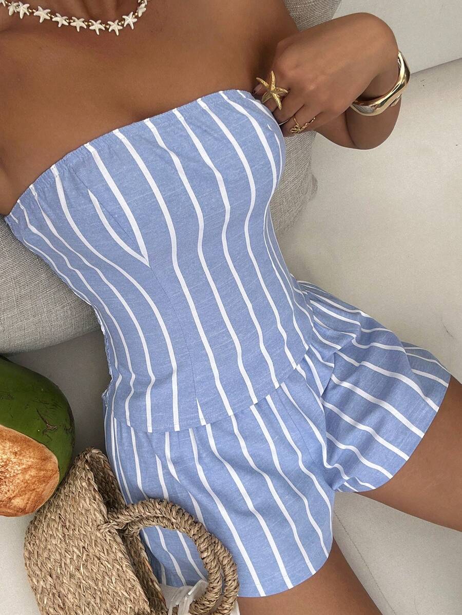 Sunnyshic 蓝色条纹抹胸露背短款上衣和低腰短裤两件套，女士夏季度假海滩通勤简约休闲百搭套装 - 藍色 - 查看 1