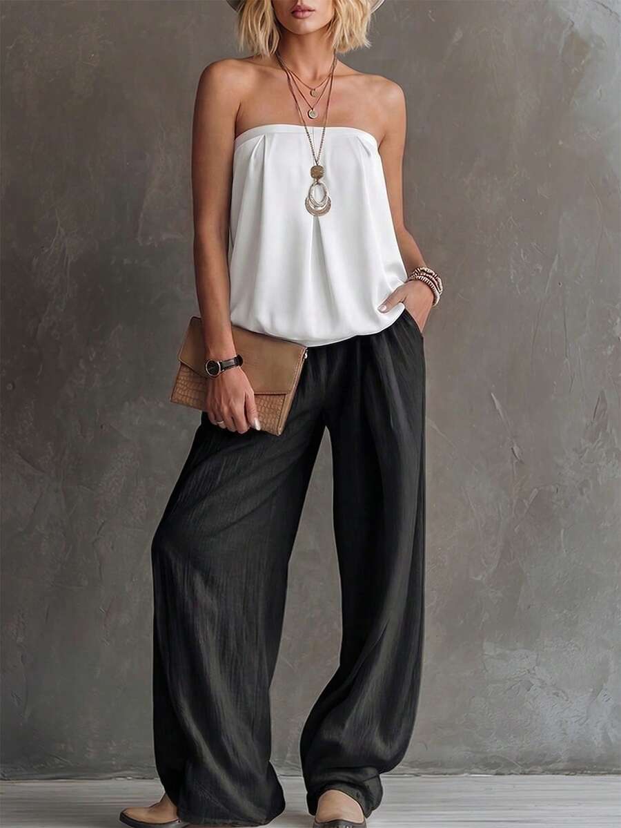EMERY ROSE Femei culoare solidă la modă casual bandeau top femei casual ținute femei vară ținute camisole top pentru femei topuri femei pentru vară - alb - Vizualizare 1