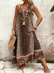 Breezaya Vestido casual suelto de talla grande para mujer con estampado de leopardo degradado, cuello en V profundo, sin mangas, corte evasé. Elegante, de moda, sexy, versátil, dulce, para citas, vintage, playa, primavera/verano. Nuevo estilo suelto Ins de alta gama y asequible con tirantes finos y largo maxi - Marrón - Ver 3