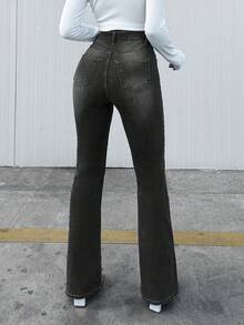 EURMUSE 女式纯色高腰喇叭腿休闲牛仔裤 - 淺灰色 - 查看 2