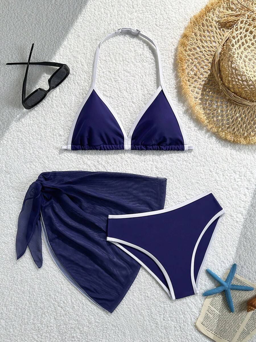 SHEIN 少女海军蓝白撞色比基尼套装，包含三角上衣、三角泳裤和网纱裙，面料柔软亲肤，适合游泳、海滩、泳池和夏季度假。 - 藏蓝色 - 查看 1