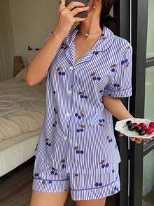 SHEIN Rosa gestreifter Kirschprint Kragen Kurzarm Shorts Damen Pyjama Set - Violett - Übersicht 4