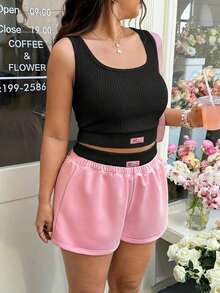 GalTyme Plus Size Women Letter Print Tank Top And Shorts Casual 2 Pieces Set - Multicolor - View 3