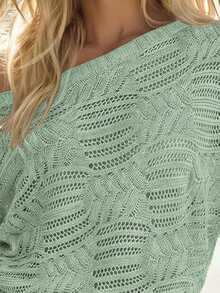 EMERY ROSE All Season New Arrival Loose Fit Crew Neck Raglan Sleeve Ribbed Cuff & Hem Hollow Out Pattern Casual Women Pullover Sweater - Cadet Blue - View 3