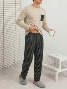 Cottnline Herren gestreifte Hose, gestreifte Tasche, regulärer Langarm Hausanzug Set - Aprikosenfarben - Übersicht 3