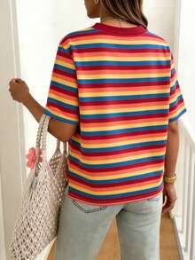 EMERY ROSE Women's Striped Short-Sleeved T-Shirt, Casual Outdoor Wear, Lounge Wear - Multicolor - View 2