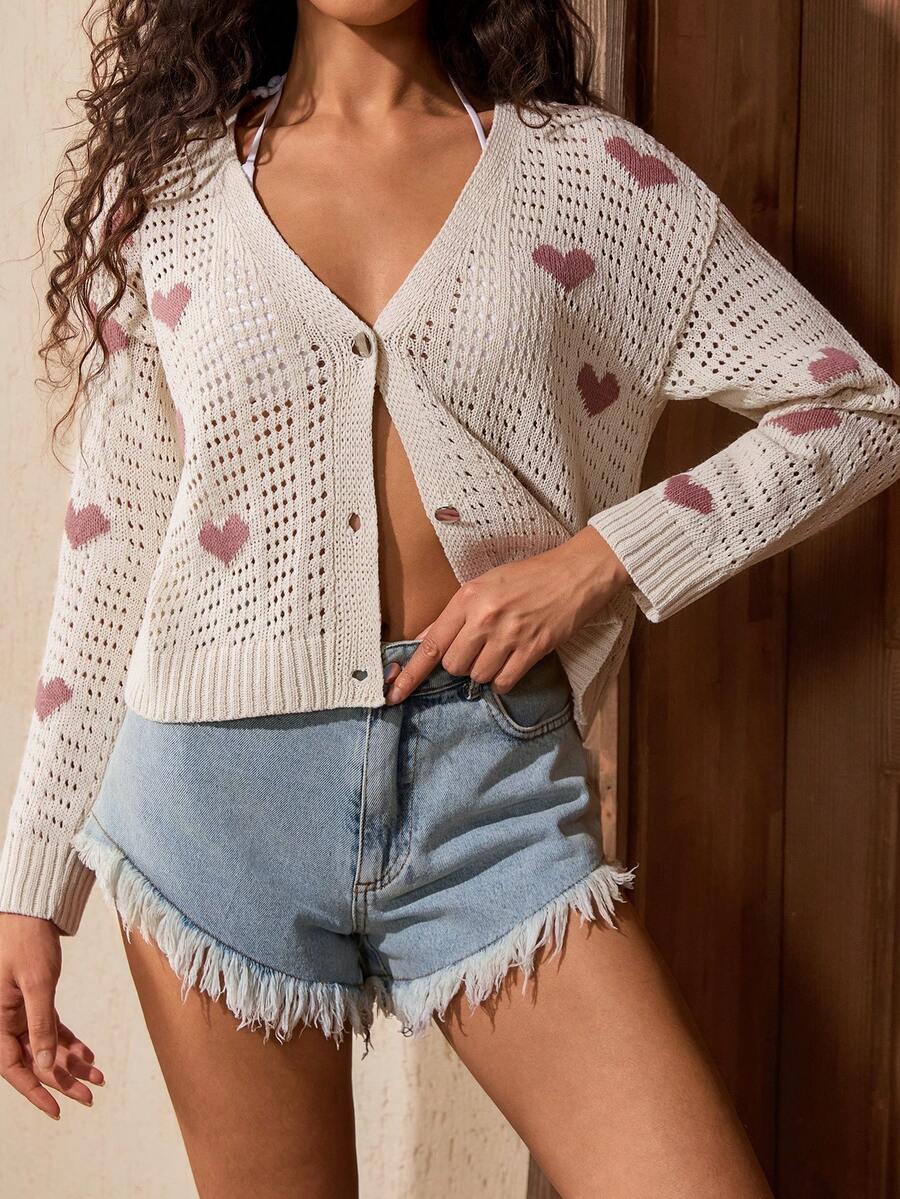 SHEIN Áo khoác cardigan nữ họa tiết trái tim, cài một hàng cúc, kiểu dáng thường ngày, đa năng, nhẹ nhàng, thích hợp mặc hàng ngày. - Màu be - Xem 1