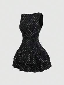 Sweetra 春夏法式复古波点浪漫无袖收腰双层荷叶边下摆优雅通勤连衣裙 - 黑色 - 查看 3