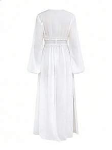 Swim Vcay Vestido pareo de playa para mujer con escote en V, manga larga, talle alto y abertura, para verano - Blanco - Ver 8