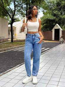SHEIN PETITE PETITE 女款休閒修身 7/8 長度緊身牛仔褲，藍色低腰寬鬆牛仔褲，喇叭牛仔褲，小碼女款牛仔褲 - 中等水洗藍 - 查看 3