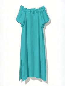 Swim Vcay 女士夏季海滩荷叶边肩中长连衣裙，性感沙滩裙，灯笼袖宽松婚礼宾客开叉连衣裙 - 青碧色 - 查看 8