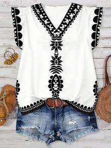 EMERY ROSE Camicia casual con stampa posizionata, taglie comode - Bianco e nero - Visualizzare 8