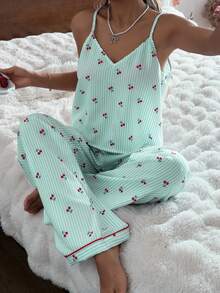 CottageSlumber Set Piyama Wanita Model Bubble Crinkle Bergaris Motif Ceri (Kamisol & Celana) - Mint Green - View 7