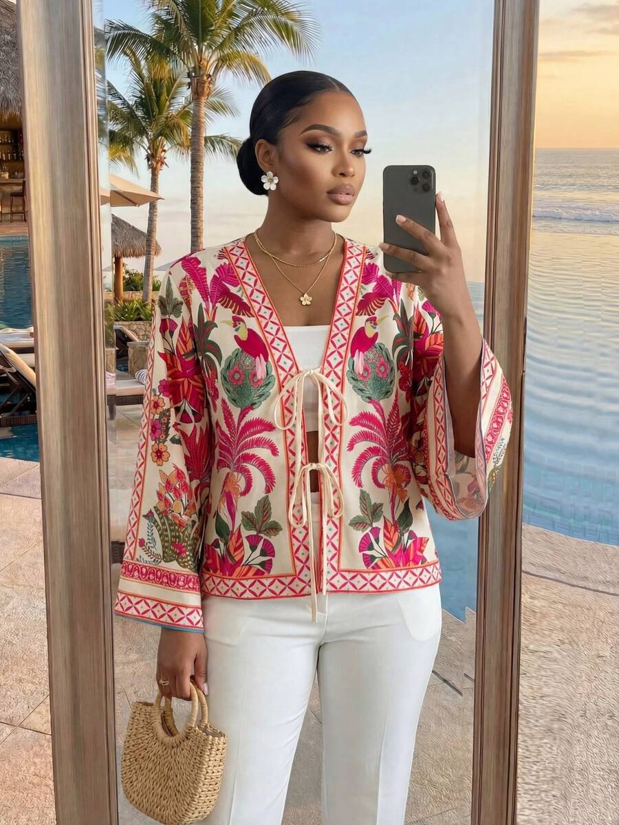SHEIN Lady CURVE Áo kiểu nữ cỡ lớn in họa tiết retro, thắt nơ phía trước, phong cách thường ngày, kiểu boho, áo nữ mùa hè, áo lụa, áo nữ mùa hè, quần áo Anthropologie, quần áo ấm áp mùa thu và mùa đông cho nữ, áo hồng thanh lịch.