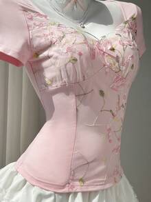 Elamini 黄色撞色荷叶边拼接心形领口收腰短袖女式连衣裙，春夏款，优雅浪漫复古可爱百搭，适合度假、外出、日常穿着。 - 粉色 - 查看 8