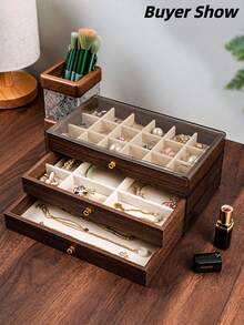 Hộp đựng trang sức 3 tầng bằng acrylic màu óc chó, kiểu dáng cổ điển nhỏ gọn, thích hợp làm quà tặng cho phòng ngủ, bàn trang điểm, tủ quần áo, quà sinh nhật, đám cưới, kỷ niệm cho phụ nữ và bé gái, giải pháp lưu trữ trang trí nhà cửa. - Nhiều màu - Xem 4