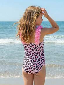 SHEIN 少女休闲可爱粉色豹纹修身连体泳衣，适合夏季穿着 - 淺粉色 - 查看 6