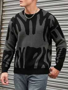 EURMUSE Men's Printed Drop Shoulder Sweater - Dark Grey - View 3