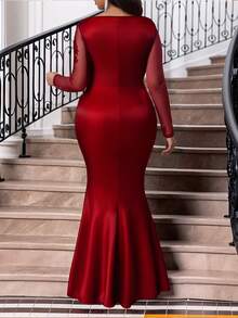 SHEIN Lady 大码女式贴花装饰网纱长袖褶皱修身鱼尾下摆优雅连衣裙 - 酒紅色 - 查看 3