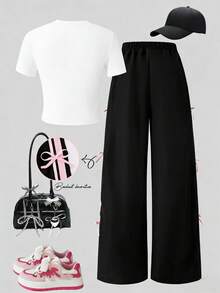 SHEIN 两件套少女白色短袖上衣和黑色长裤套装，蝴蝶结装饰，适合春夏季节、运动、通勤等场合，百搭休闲装。 - 黑與白 - 查看 4