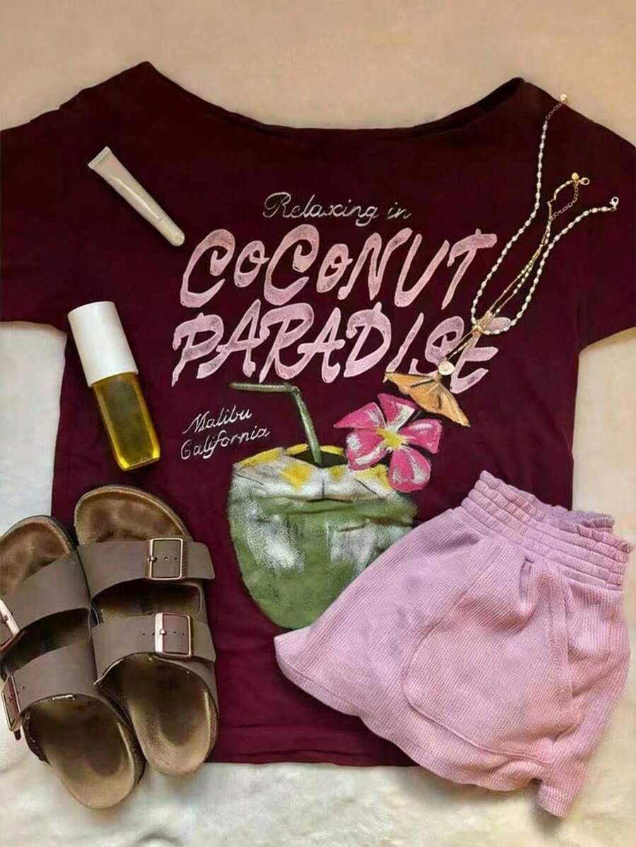 Women's Letter & Coconut Water Print Short Sleeve Casual T-Shirt - Multicolor - View 1