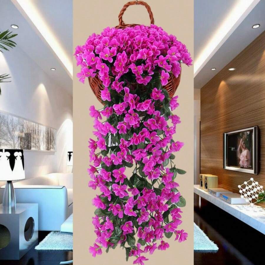 人造垂吊兰花花束，户外墙面悬挂植物，逼真的紫罗兰常春藤，色彩缤纷的仿真兰花花束，适用于家居花园婚礼装饰 - 中紫紅色 - 查看 1