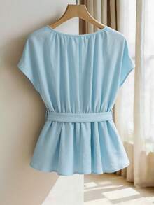 Franclia Women's Summer Solid Color V-Neck Cinched Waist Blouse Blouse With Belt Blouses For Women New Elegant Casual - Baby Blue - View 2